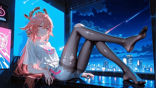 夜景窗边粉发少女