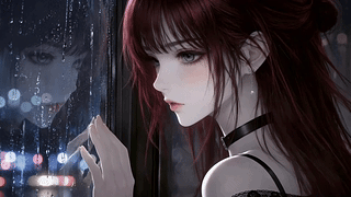 雨夜窗边红发少女