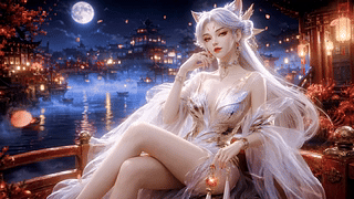 月夜河畔银发狐耳美人