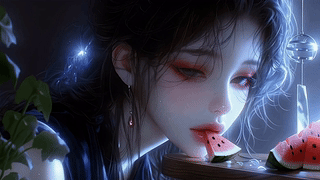 夏夜吃瓜少女