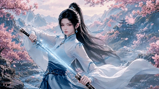 桃花山间持剑少女