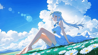 晴空雏菊田的银发少女