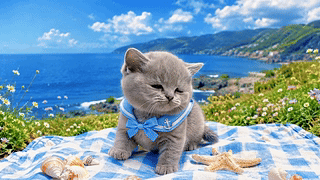 海边野餐的可爱小猫