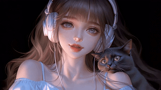 听音乐的少女与黑猫