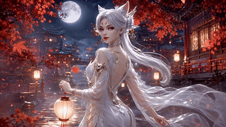 红枫月夜提灯美人