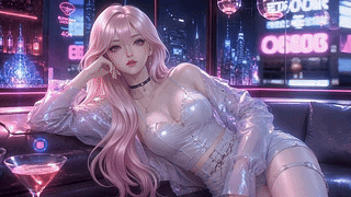 霓虹灯下粉发少女