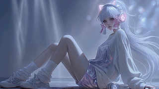 光晕下的银发休闲少女