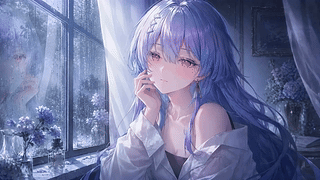 雨天窗边的紫发少女