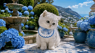 蓝花庭院里的可爱小猫