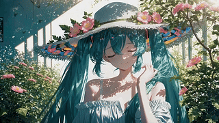 花房暖阳下的蓝发少女