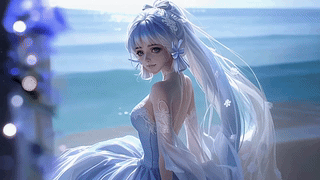 海边蓝发婚纱少女
