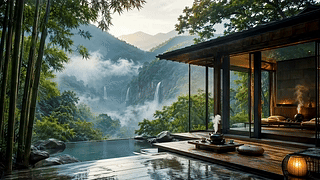 山水瀑布竹林木屋