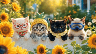 向日葵丛里的四只猫咪