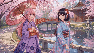 樱花树下的和服少女