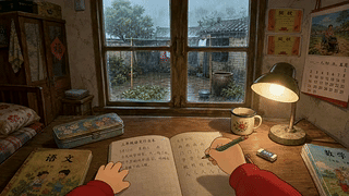 雨夜窗边灯下学习