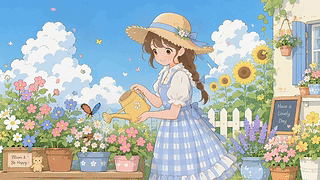 治愈花园浇花少女