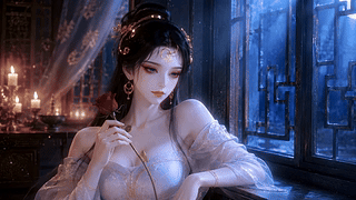 窗边持玫瑰的古风美人