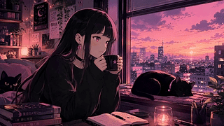 粉紫黄昏窗边少女