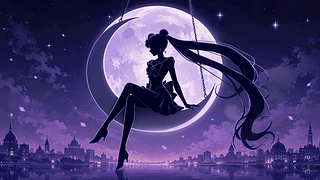 紫月之下的少女剪影