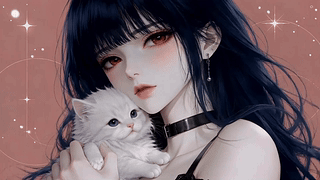 蓝发红眸少女与萌猫