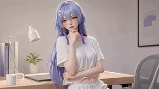 书桌前的紫发少女