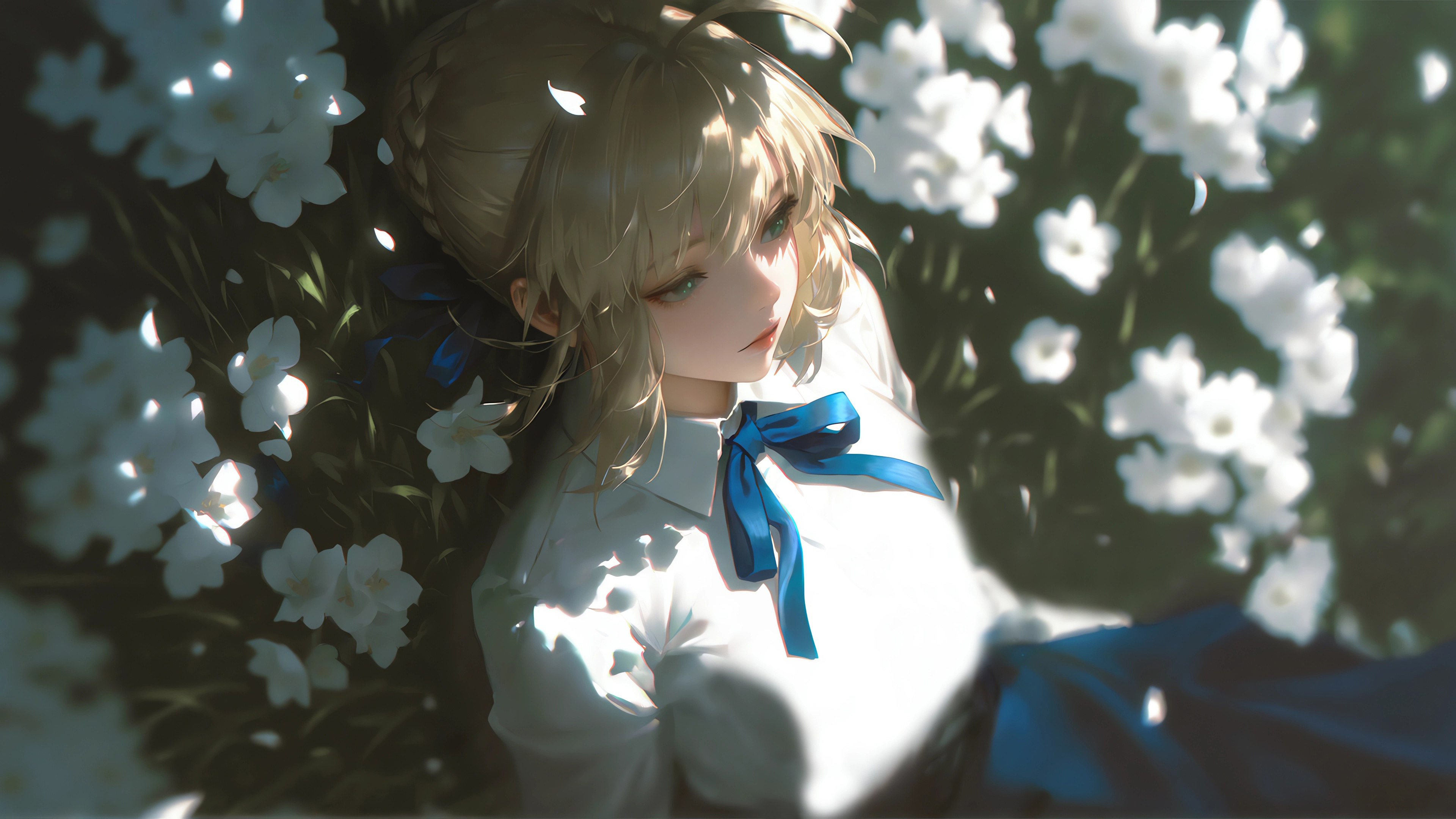 saber 花间意 蓝蝴蝶结白衬衫 唯美Fate花海 4k电脑壁纸 3840x2160