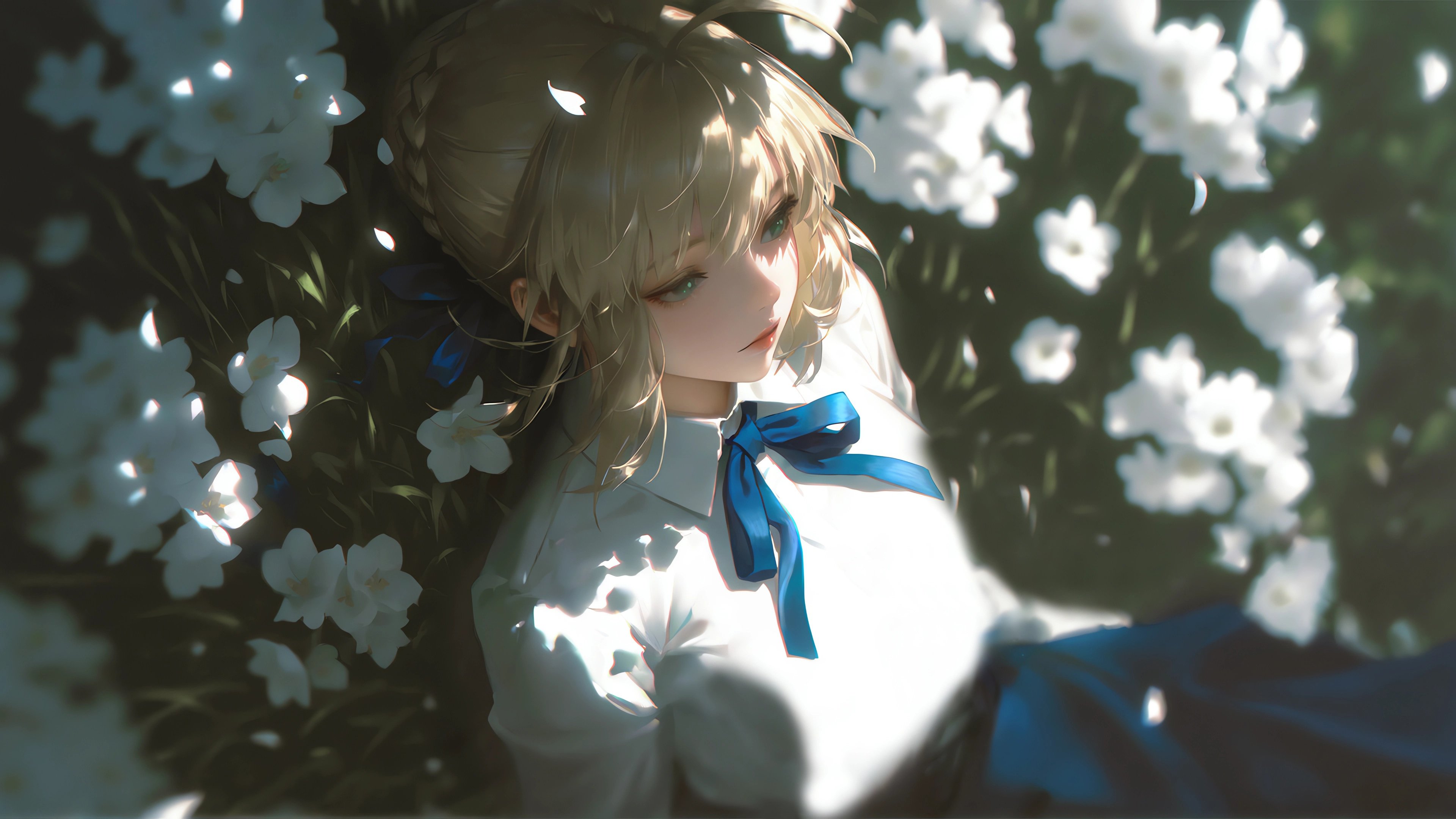 saber 花间意 蓝蝴蝶结白衬衫 唯美Fate花海