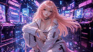 霓虹电玩城粉发少女