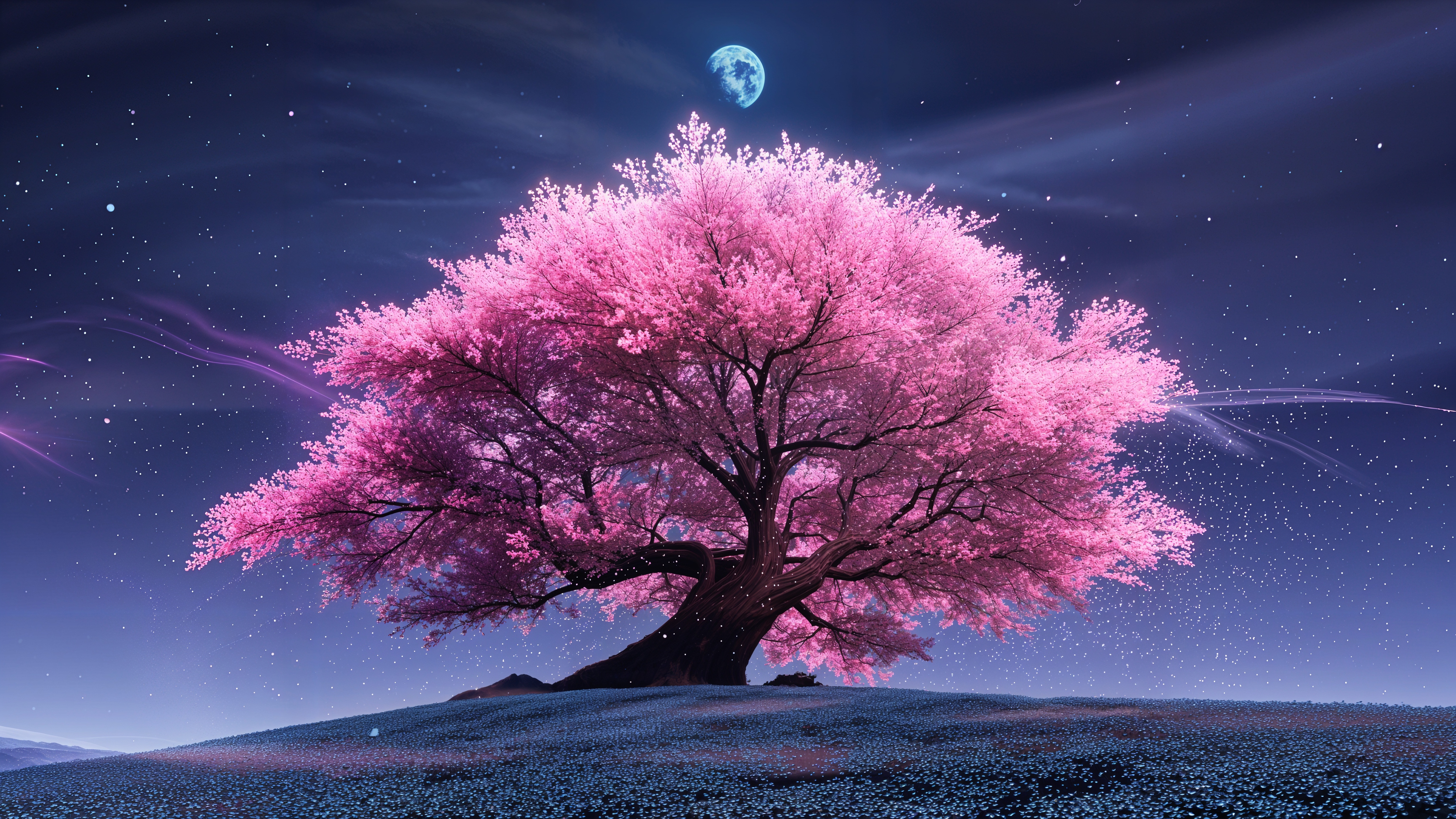 《永恒之境》夜晚 星空 粉色的树 游戏风景4K高清壁纸