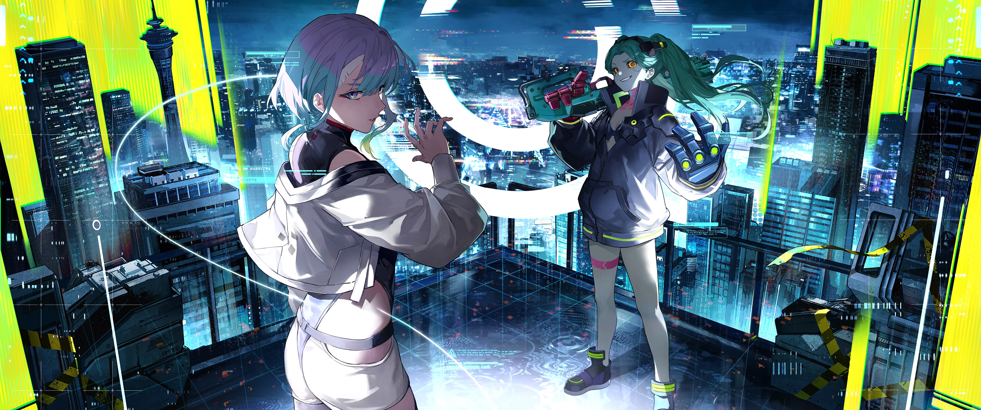 《鸣潮》联动《赛博朋克2077》超清带鱼屏壁纸3440x1440