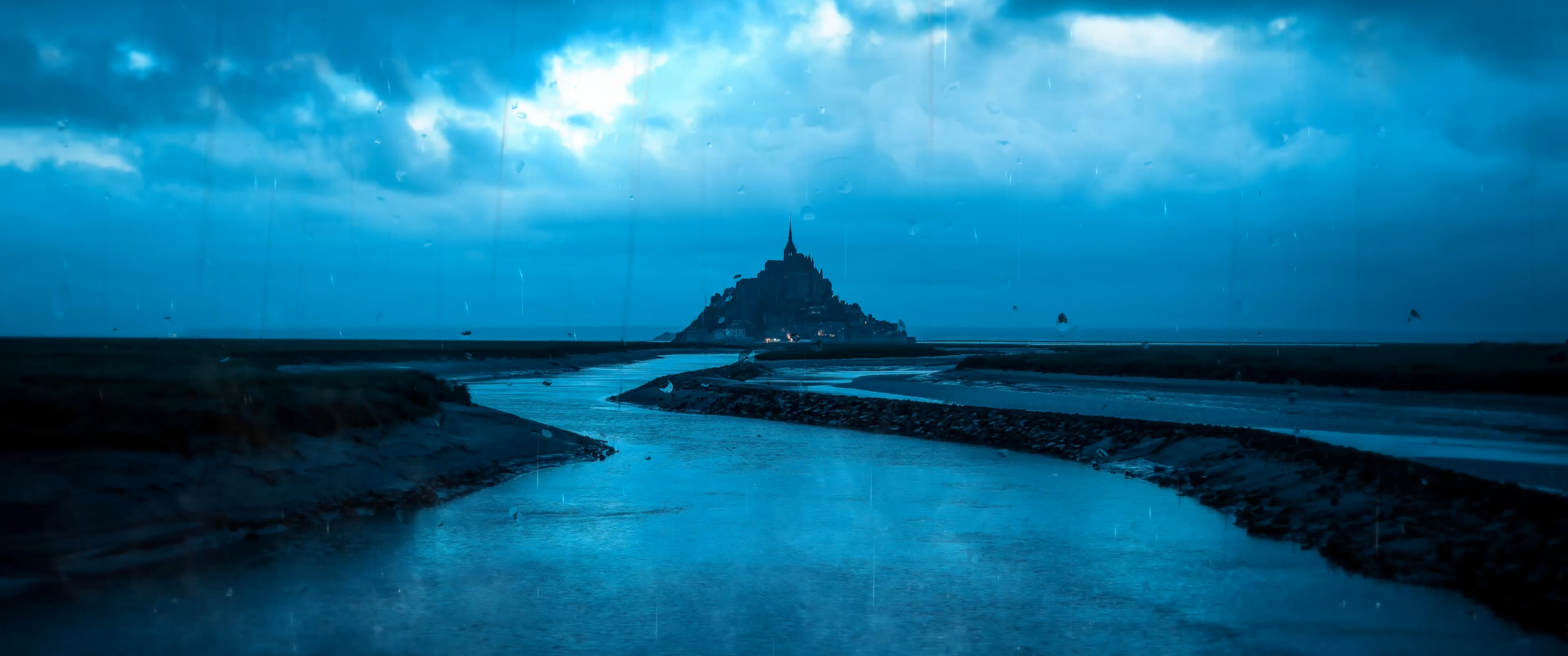 下雨 乌云 圣迈克尔山城堡3440x1440带鱼屏风景壁纸