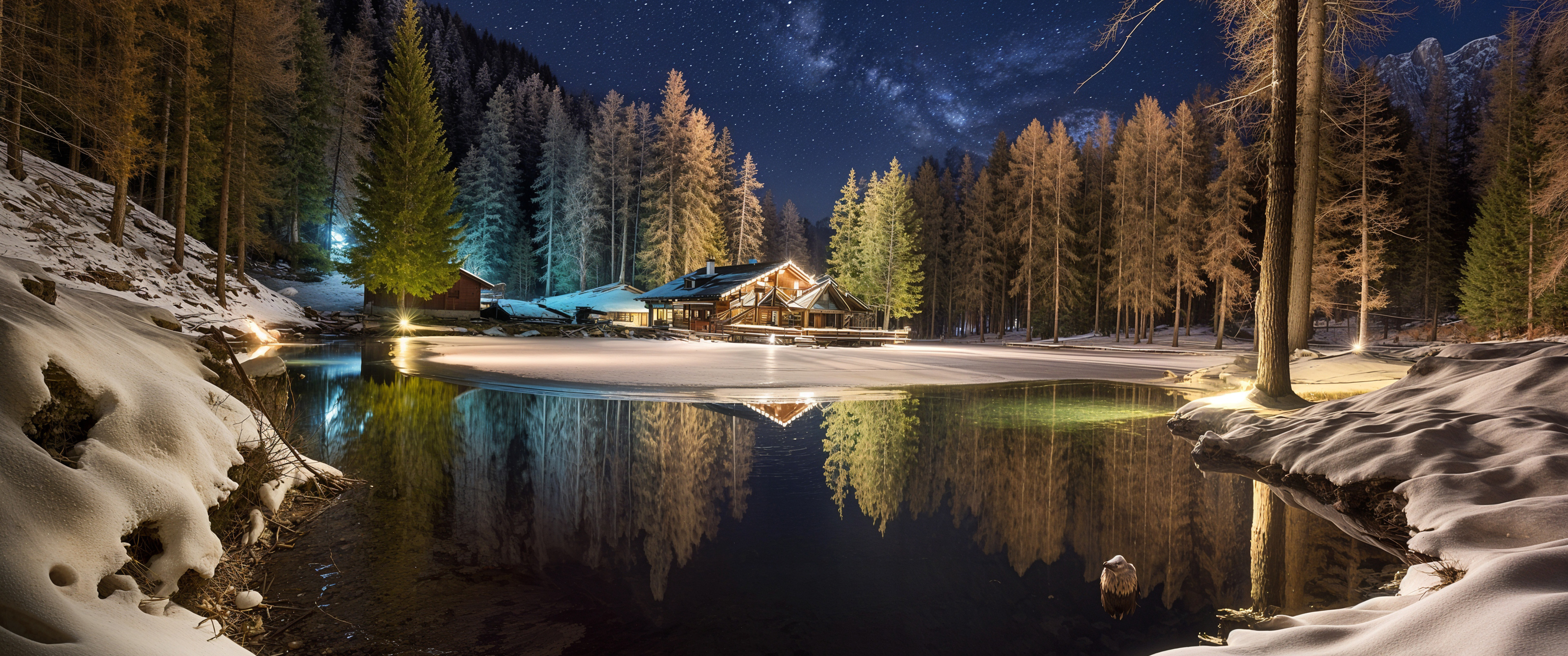 冬季 湖泊 房屋 树木 森林 雪 夜晚 星空 3440x1440带鱼屏风景壁纸