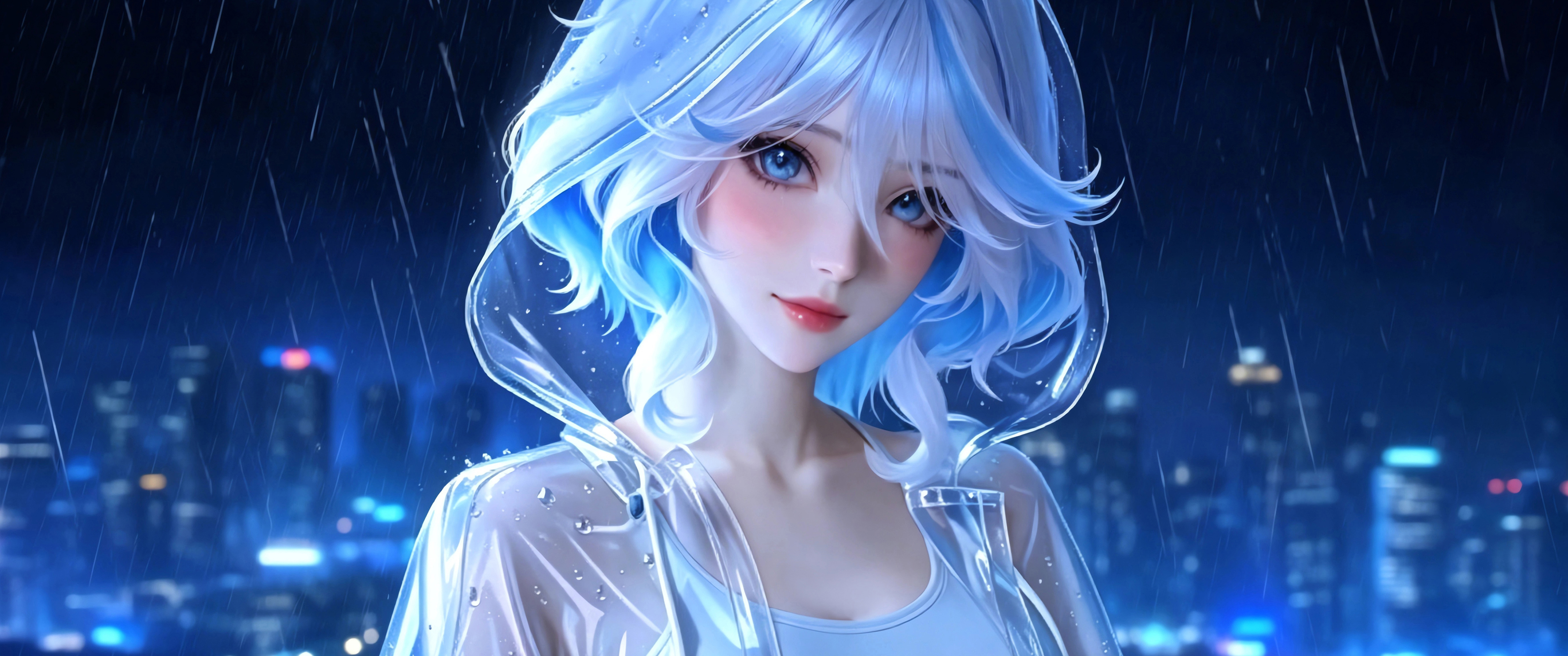 动漫美女 雨夜都市 赛博朋克 带鱼屏壁纸3440x1440