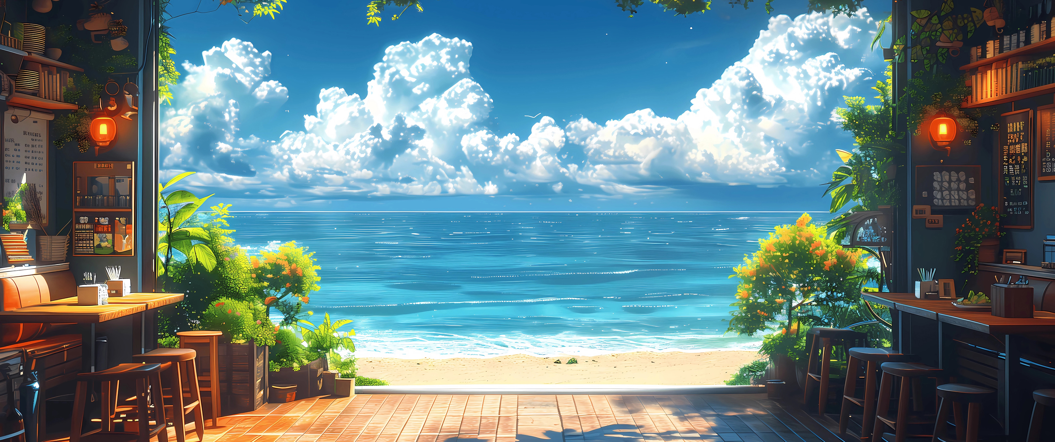 夏天 海滨 蓝天白云 3440x1440带鱼屏风景壁纸