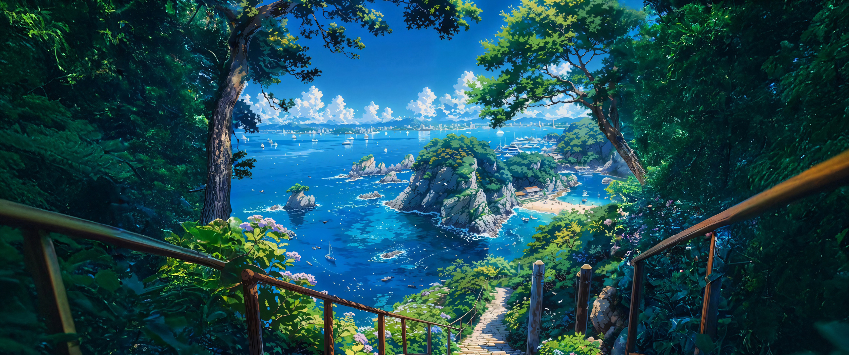 夏天 海边小径 蓝色海洋 3440x1440带鱼屏壁纸风景