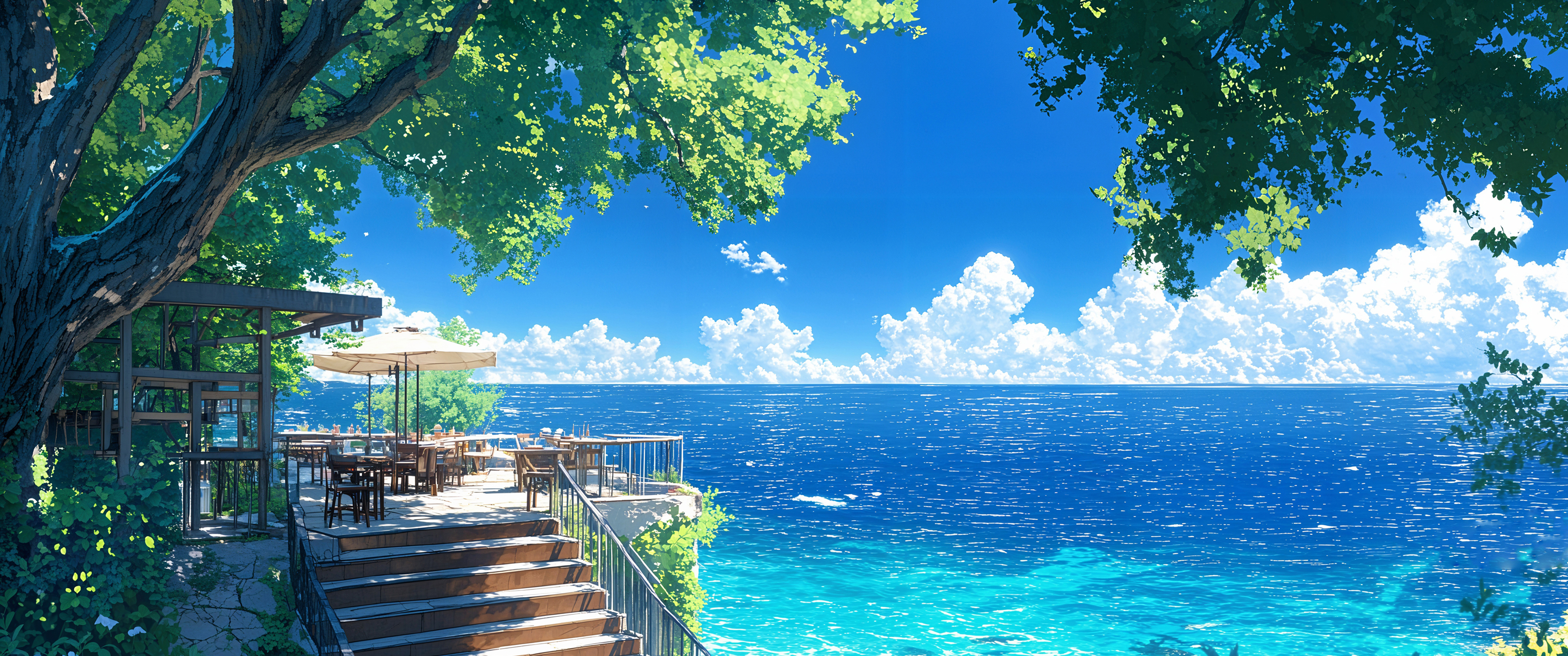 夏天海边绿荫风景3440x1440带鱼屏超清壁纸