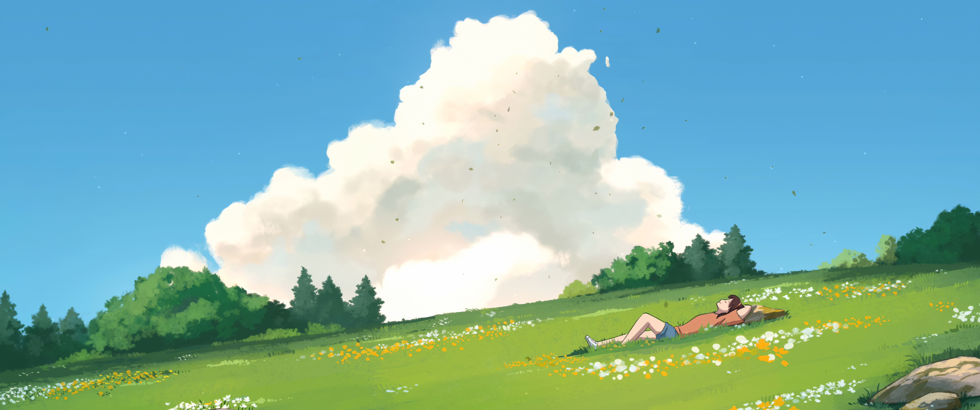 夏天躺在绿草地的女孩风景3440x1440带鱼屏壁纸