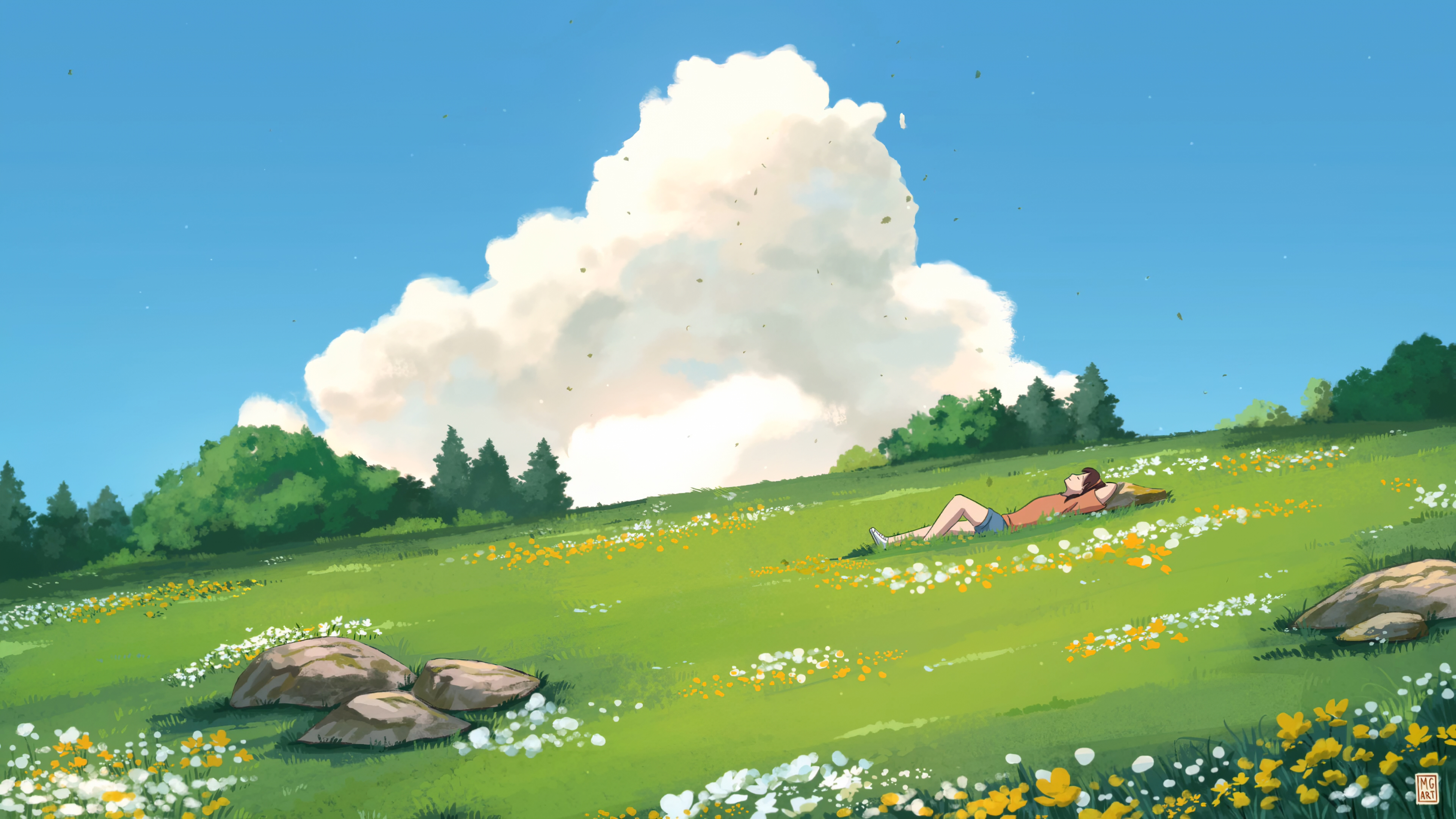 夏日躺在绿草地的女孩4K风景壁纸3840x2160