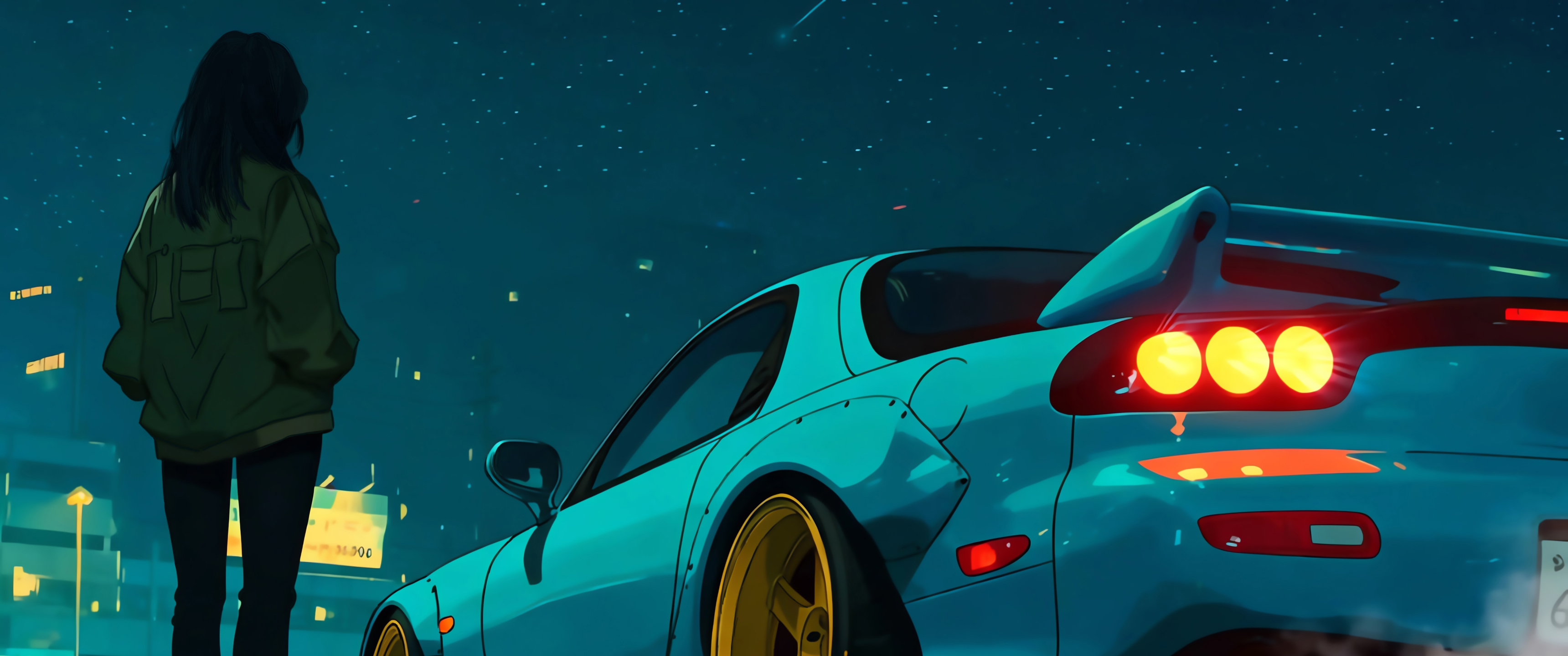 夜下少女与跑车 赛博朋克风3440x1440带鱼屏壁纸