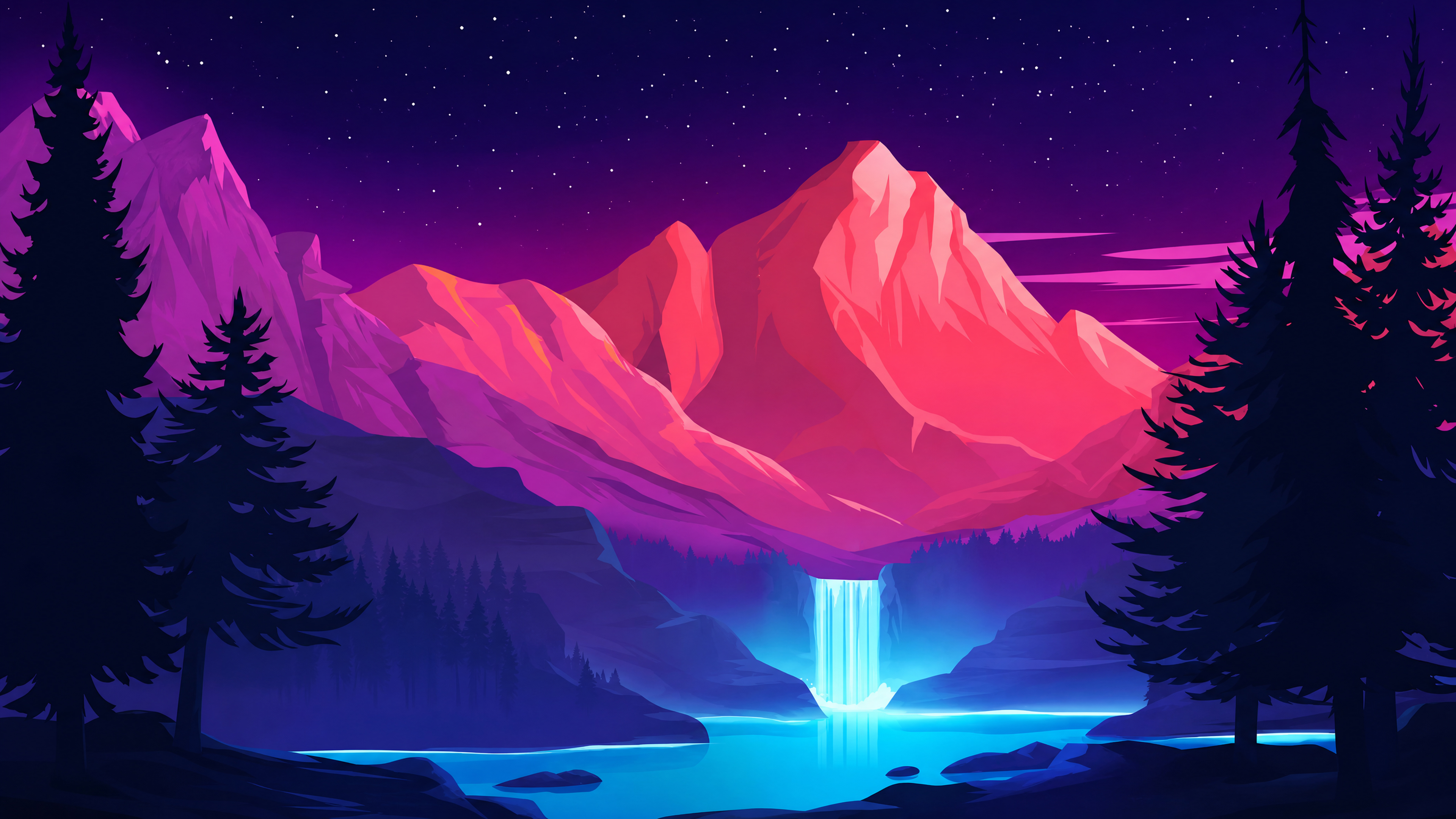 夜晚星星 星空 山脉 瀑布 绘画风景4K高清壁纸3840x2160