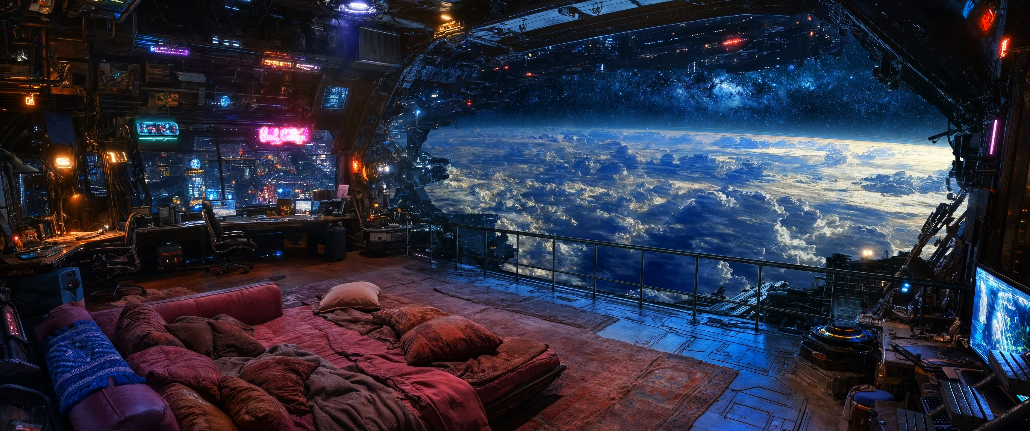 太空舱 房间 赛博朋克 星空 3440x1440带鱼屏风景壁纸
