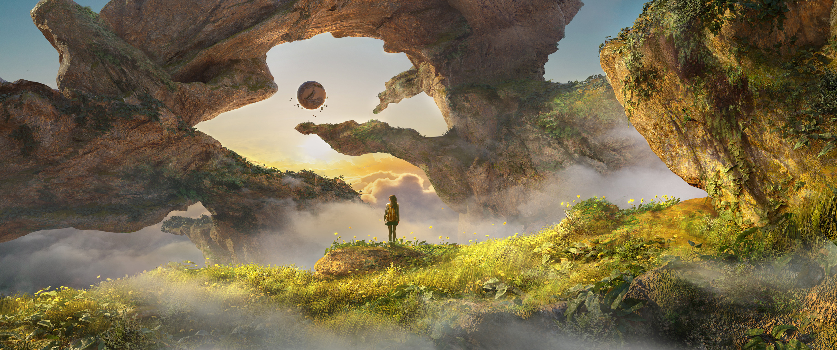 奇幻风景 少女背影 草甸 岩石奇观 3440x1440壁纸免费下载