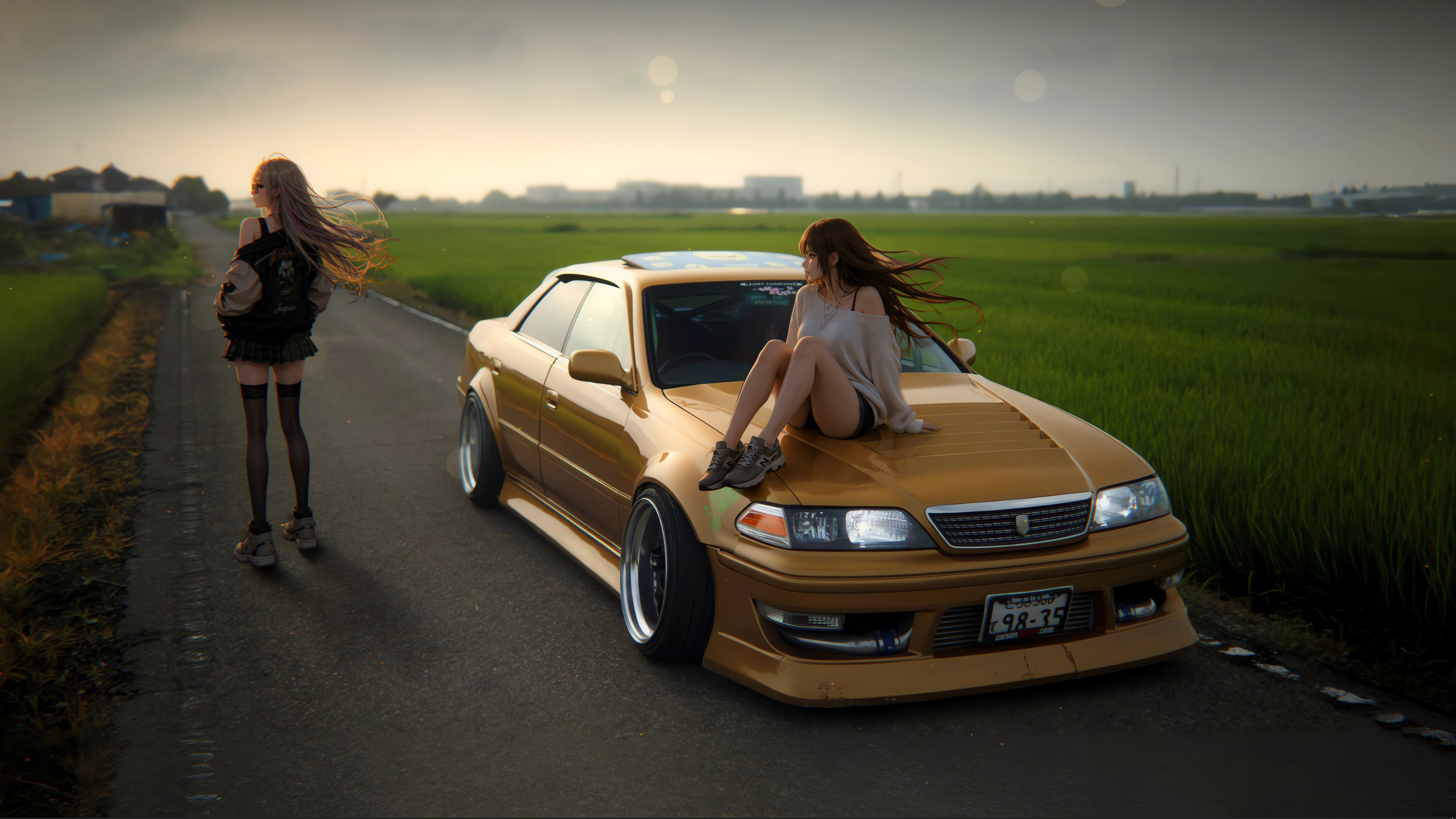 乡间公路 水稻田 跑车 动漫美女 4K壁纸 3840x2160
