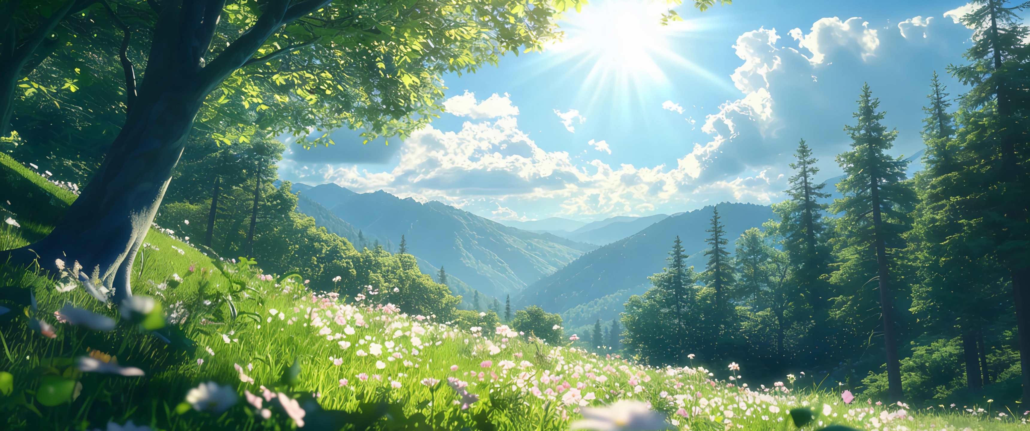 晴空 树林 鲜花 3440x1440带鱼屏风景壁纸