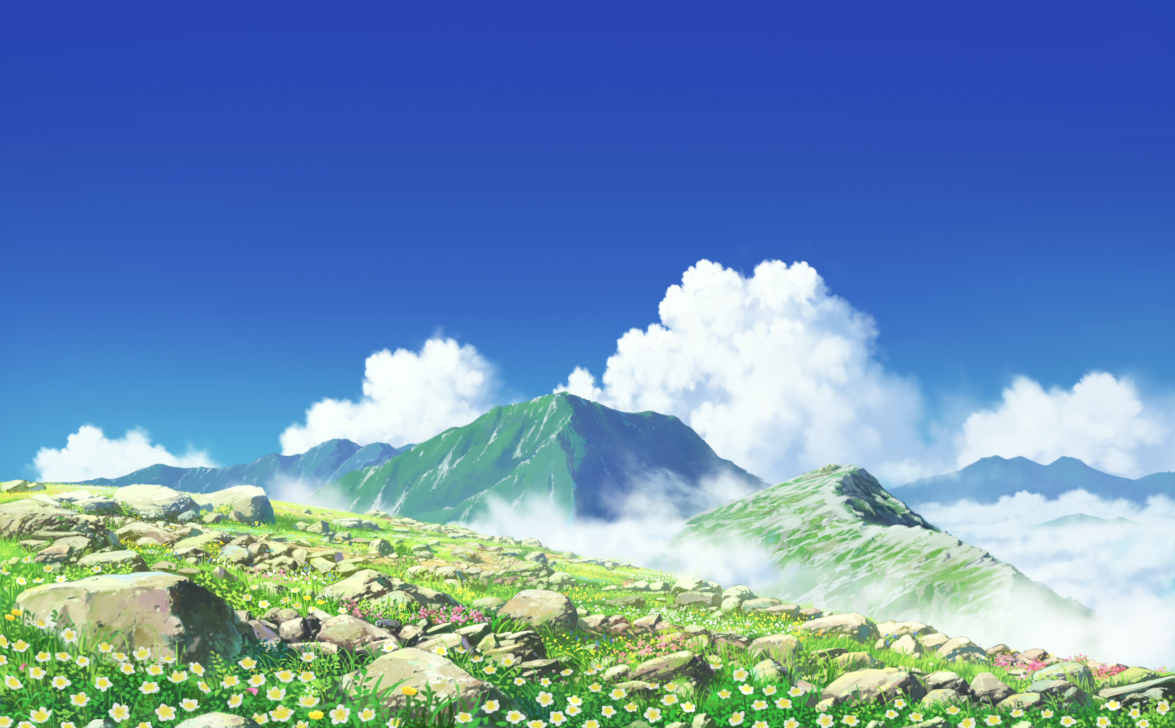 晴空 蓝天白云 山 石头 鲜花 4K风景壁纸