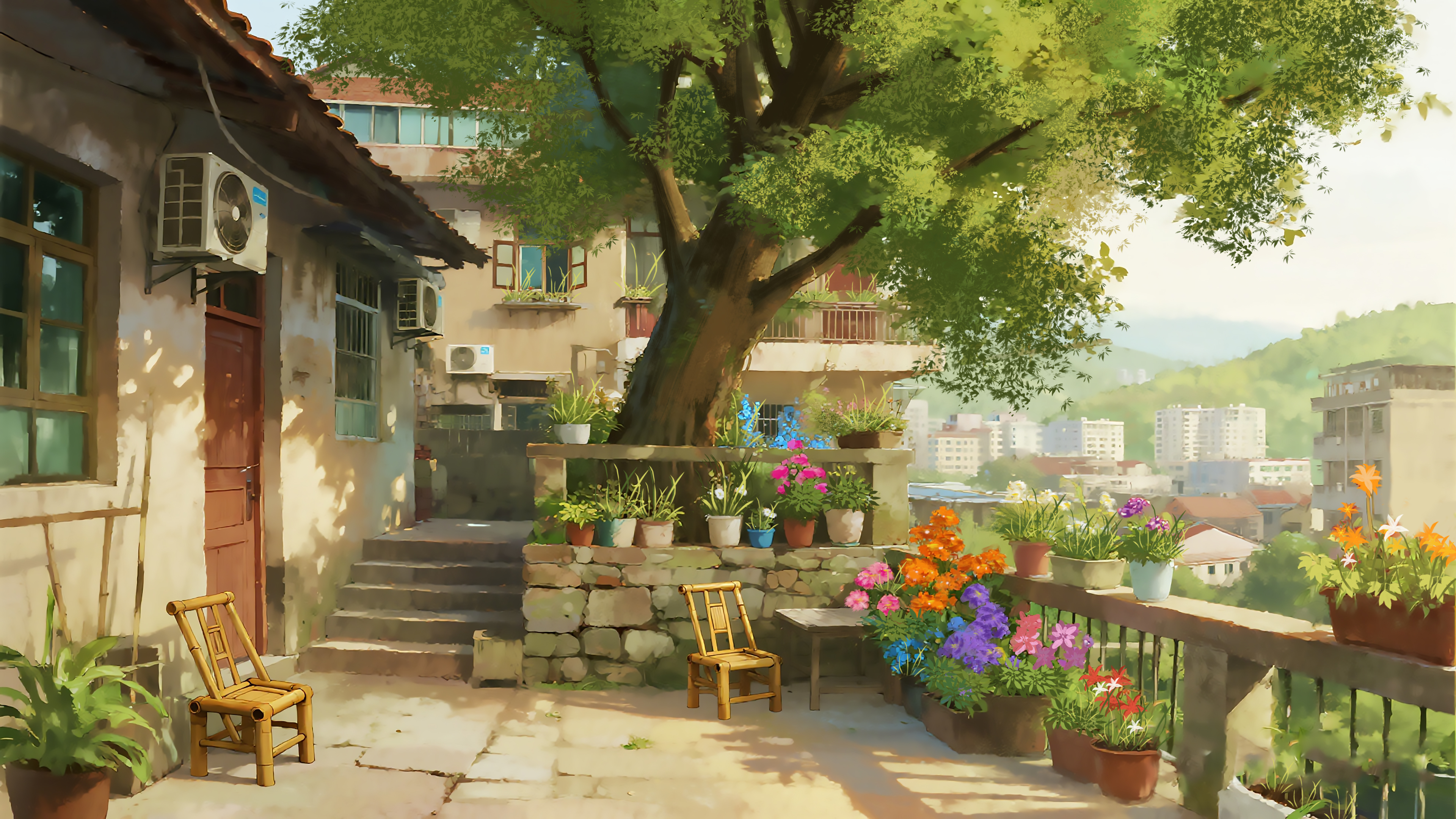树下 院子 小屋 鲜花 温馨 绘画 4K风景壁纸