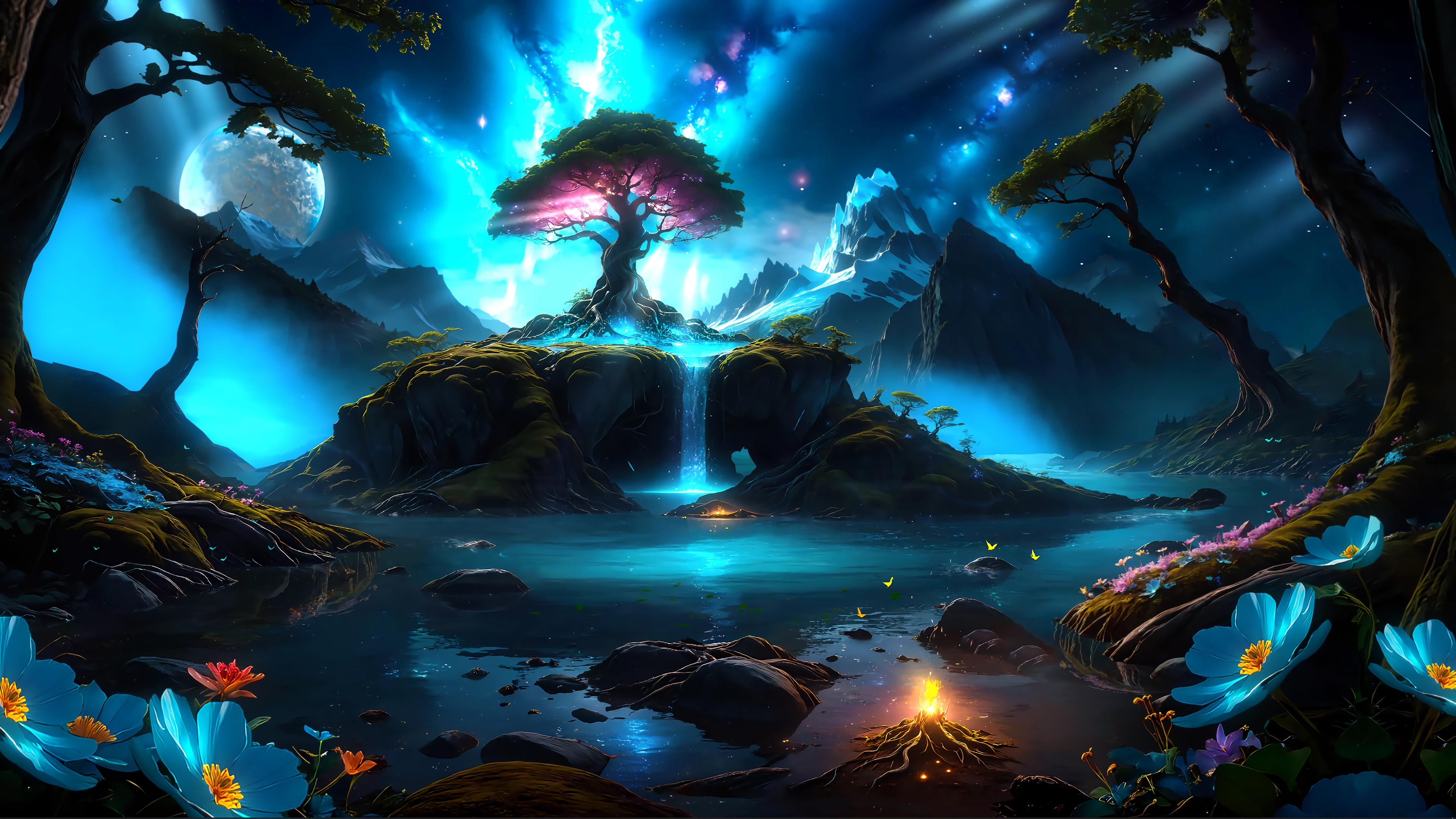 梦幻风景 树 瀑布 花 4K壁纸 3840x2160
