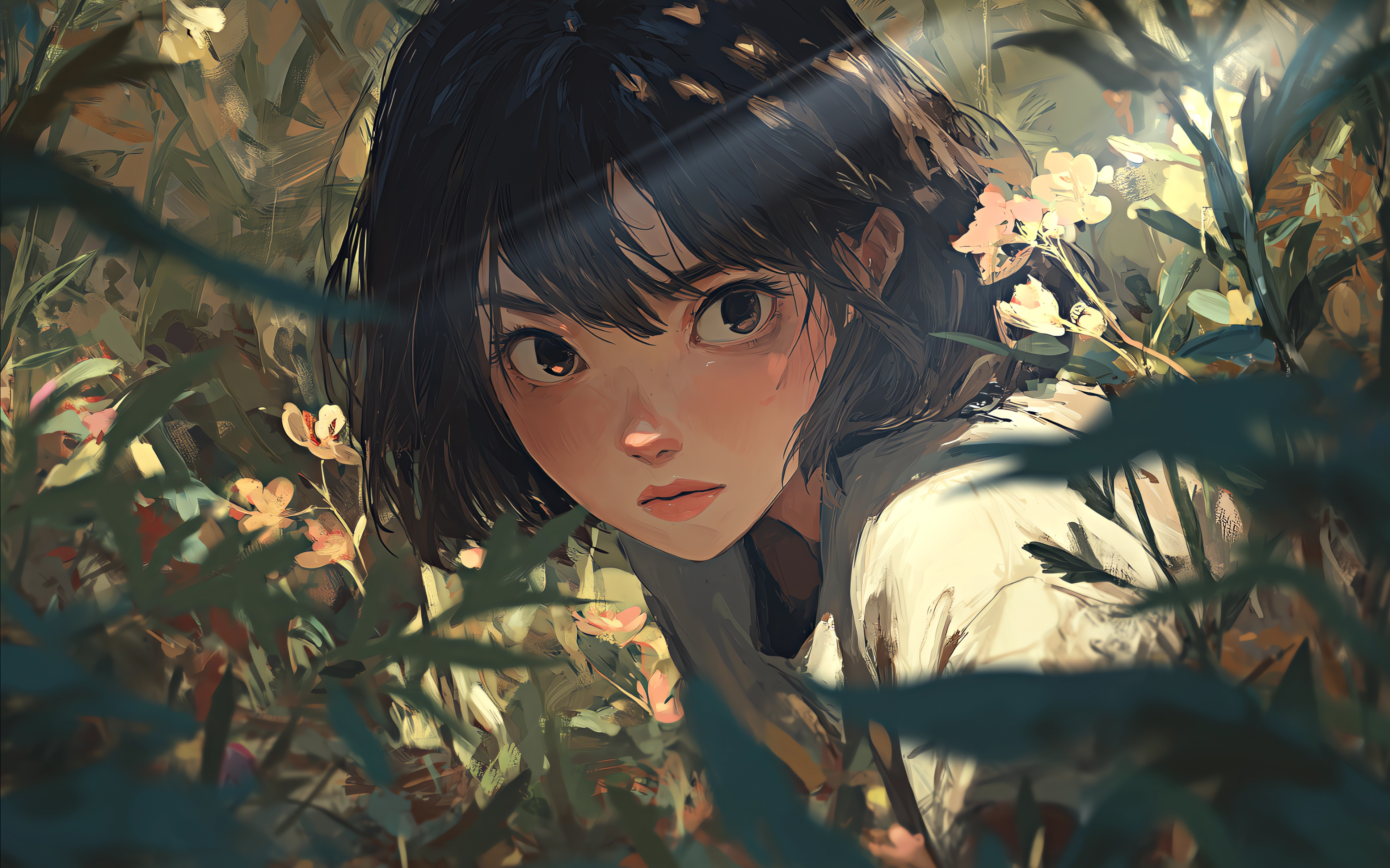 森林 短发女孩 花 草丛 4K壁纸3840x2400