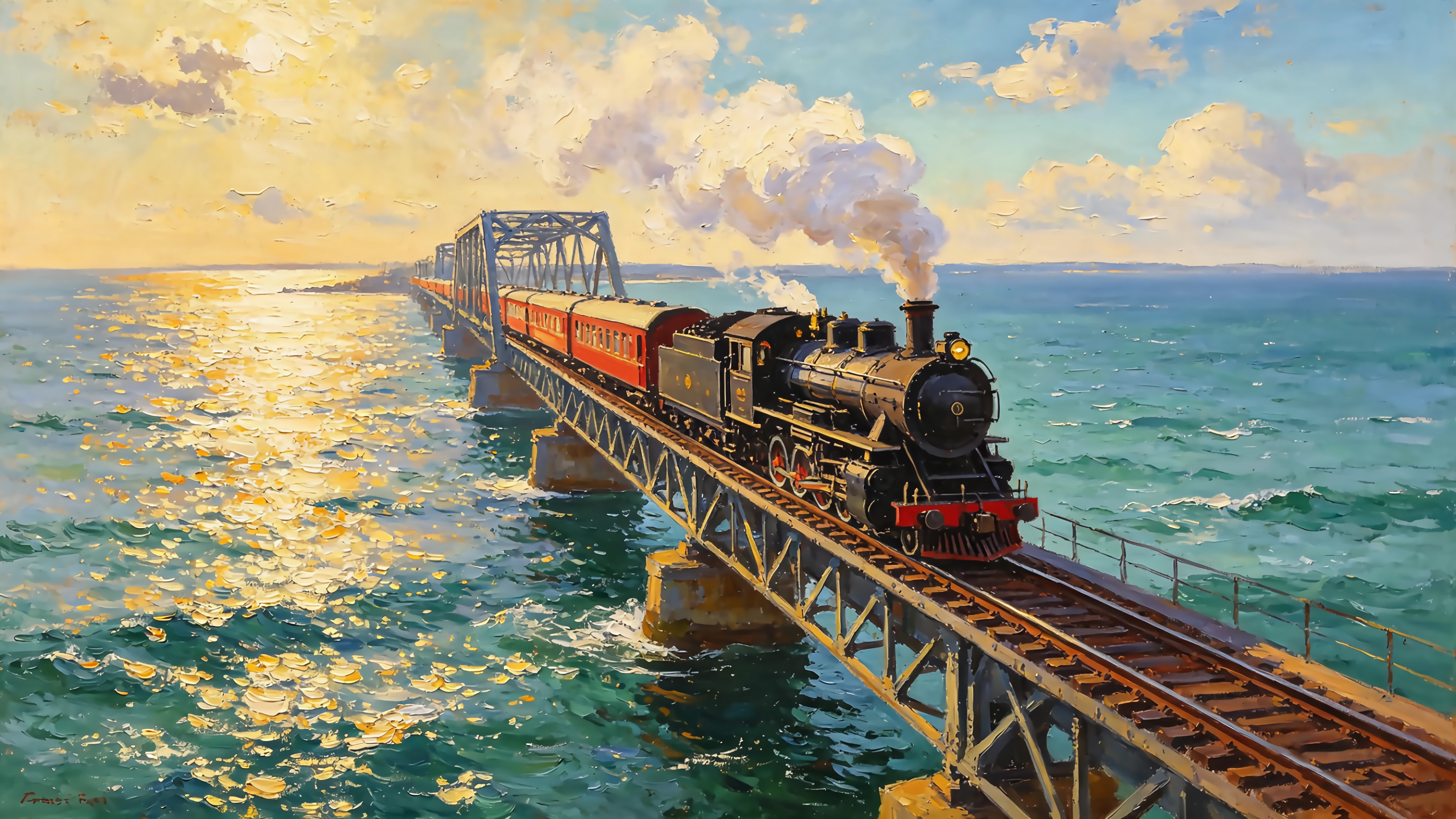 油画风海上火车4K风景壁纸 3840x2160