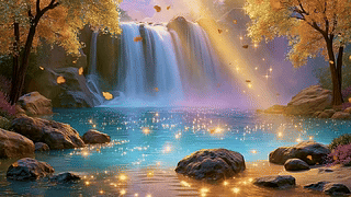 梦幻金光秋日瀑布湖景